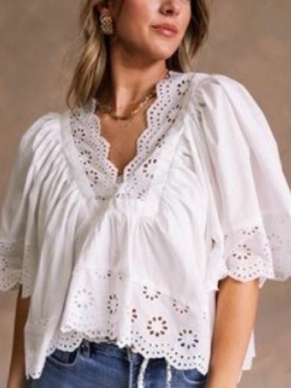 HYFVE White Eyelet V‑Neck Peasant Blouse NWOT